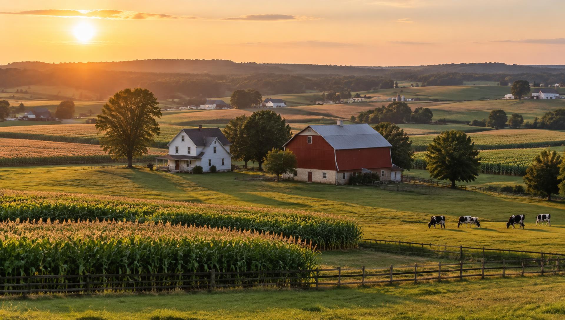 Rolling farmland, a white farmhouse and red bank barn in Pennsylvania's 99th District at sunrise